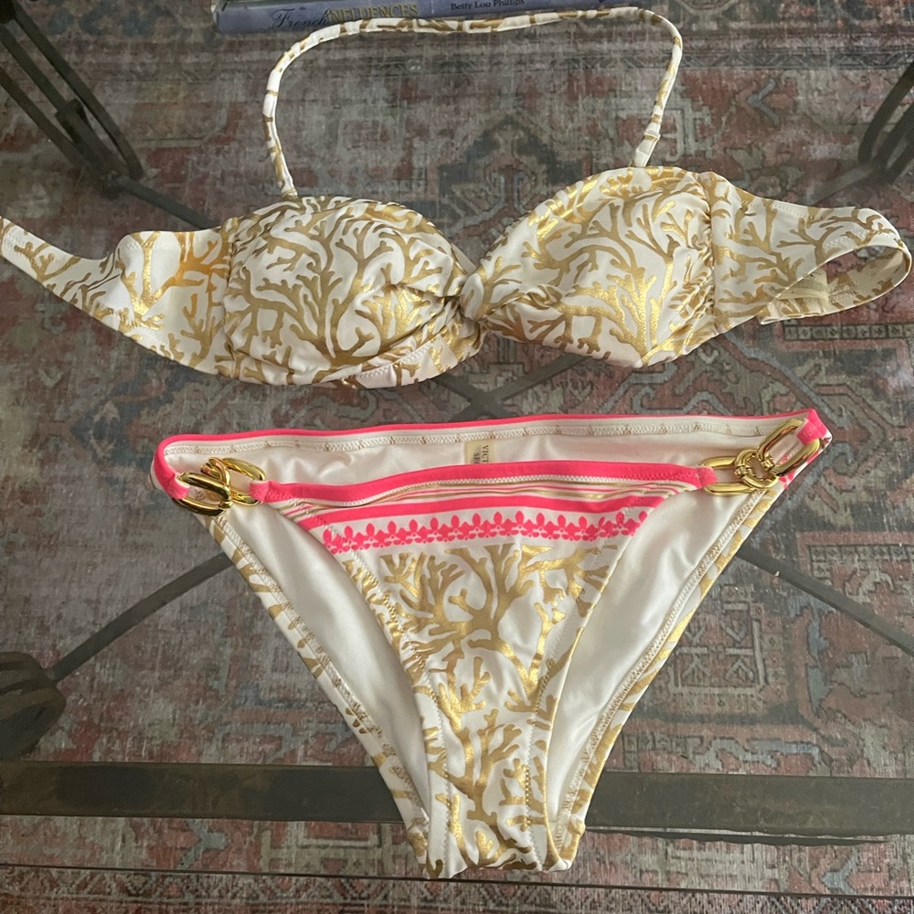 Victoria Secret Metallic Coral Gold Chain Bandeau 2 Piece Swimsuit Sz Medium
